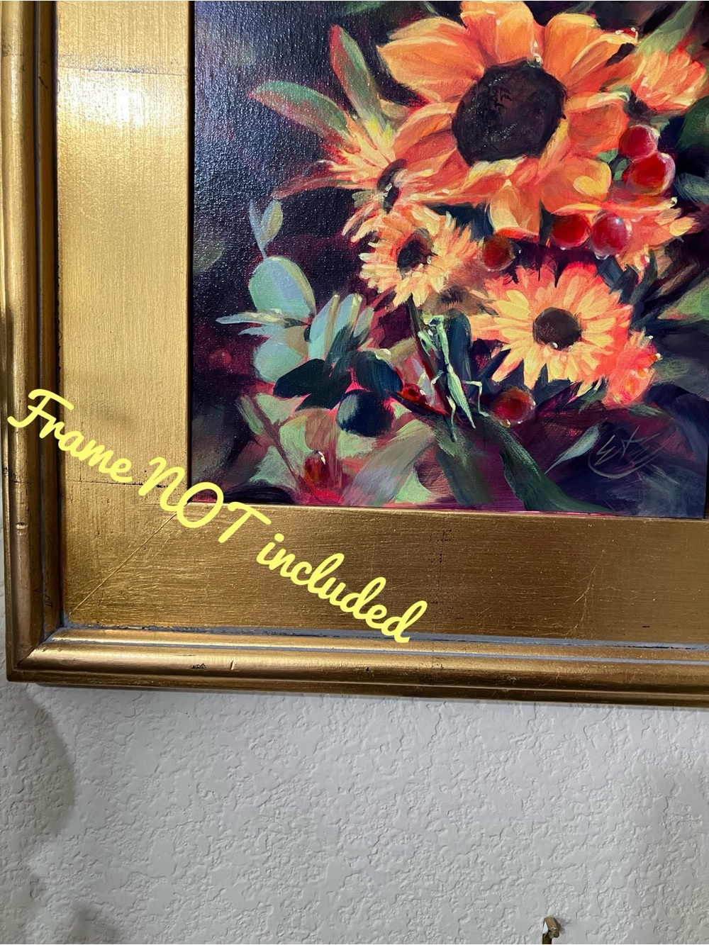 Original sunflower still life painting praying mantis flowers ladybug floral art
